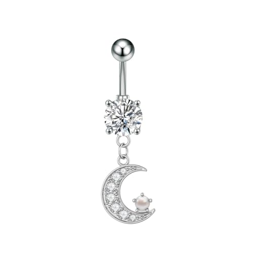 14G Surgical Steel CZ Moon Dangle Belly Button Rings for Women Tiny Faux Pearl Paved Crystal Crescent Moon Dangling Belly Rings Navel Curved Barbell Piercing Jewelry