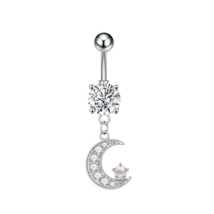 14G Surgical Steel CZ Moon Dangle Belly Button Rings for Women Tiny Faux Pearl Paved Crystal Crescent Moon Dangling Belly Rings Navel Curved Barbell Piercing Jewelry