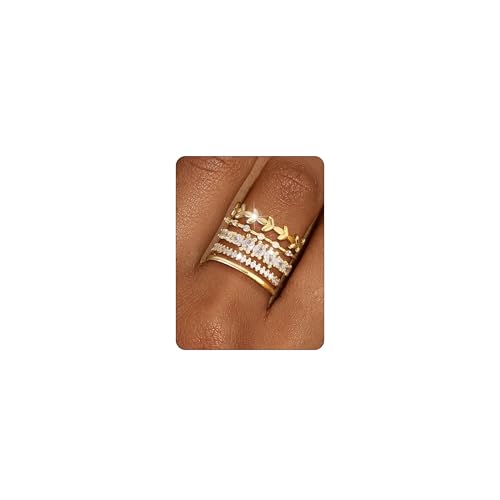 Stackable Gold Rings for Women Non Tarnish Chunky 14K Gold Plated Stacking Cubic Zirconia Engagement Thumb Ring Set Stack Pack Statement Wedding Band Rings Promise Rings Gold Jewelry - color: D-5Pcs Engagement Rings