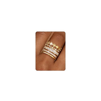 Stackable Gold Rings for Women Non Tarnish Chunky 14K Gold Plated Stacking Cubic Zirconia Engagement Thumb Ring Set Stack Pack Statement Wedding Band Rings Promise Rings Gold Jewelry - color: D-5Pcs Engagement Rings