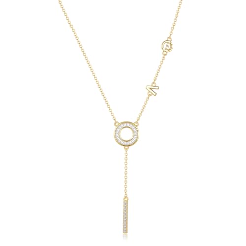 Gold Plated Lariat Necklace for Women Circle Bar Love Letter Long Pendant Y Necklace CZ Trendy Dainty Chain Drop Necklaces Adjustable Length
