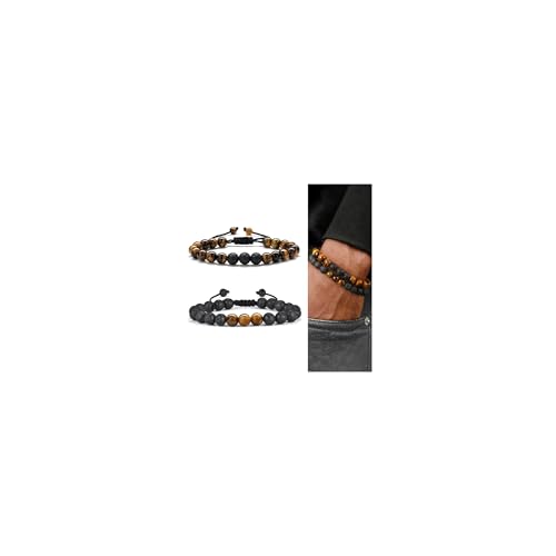 M MOOHAM Mens Bracelet - Beaded Natural Stone 8mm Tiger Eye Matte Agate Lava Rock Bracelets for Men Teen Boys Grandpa Dad Birthday Gifts Jewelry - style: " Tiger eye&Lava Rock Bracelets
