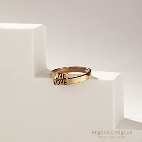 MignonandMignon Personalized Stacking Rings, Custom Initial Ring | Engrave the open wrap band with initials, names or dates; tarnish-resistant gold plated steel is skin-safe for stacking.