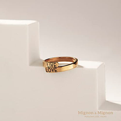 MignonandMignon Personalized Stacking Rings, Custom Initial Ring | Engrave the open wrap band with initials, names or dates; tarnish-resistant gold plated steel is skin-safe for stacking.