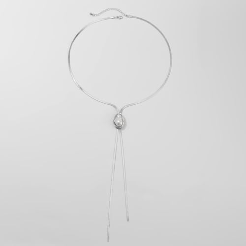 FUTIMELY Dainty Long Gold Necklace for Women,Thin Herringbone Chain Necklace,Long Lariat Necklace Body Jewelry - color: Pearl Silver