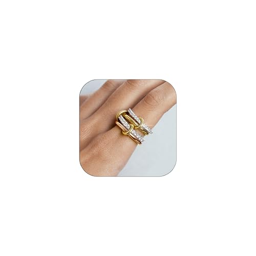 Stackable Rings for Women Non Tarnish,Dainty 18k Gold Plated CZ Cubic Zirconia Rings,Silver and Gold Rings Set,Multi-Link Connected Rings - color: Rose Gold Ring Set