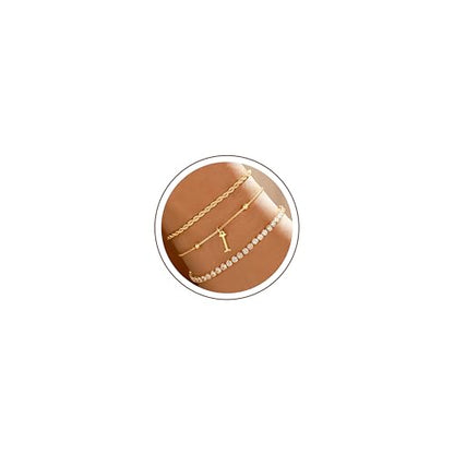 Gold Bracelets for Women Girls - Dainty Gold/Silver Bracelet Stack Jewelry Set Personalized Initial Bracelets Cute Stackable Rope Box Chain Tennis Bracelets Gifts for Women Teen Girl Gifts - color: I-Gold