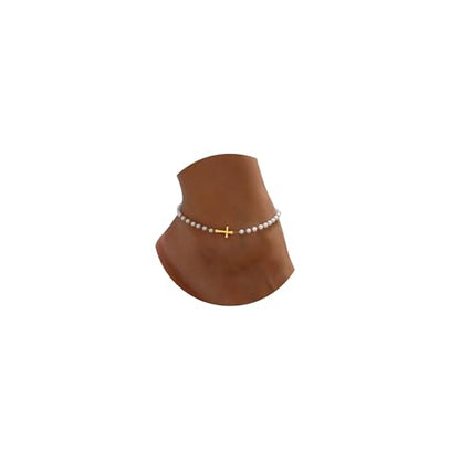 18K Gold Plated Boho Beaded Anklets for Women Dainty Gold Layered Round Ball Ankle Bracelet Pearl Cross Anklet Bracelet Waterproof Gold Jewelry - color: Pearl Cross-Gold