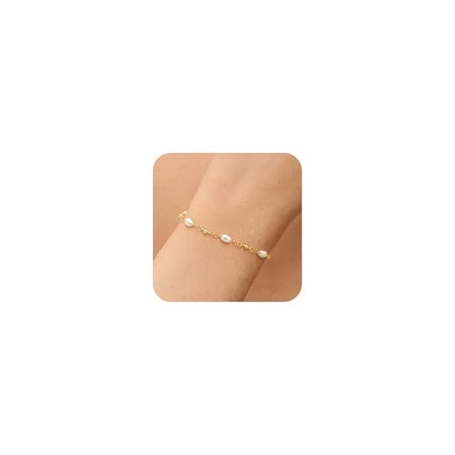 NECOCY 14K Gold Plated Pearl Bracelets for Women, Dainty Bracelets Stack Trendy Pearls Beaded Link Chain Charm Bracelets Set Layered Tiny Wedding Prom Jewelry Gift for Women Mother's Day Graduation - style: Style-11