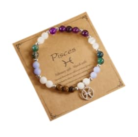XAM 12 Zodiac Stone Beaded Bracelet - Natural Gemstone & Stainless Steel Charm Constellation Jewelry - color: A