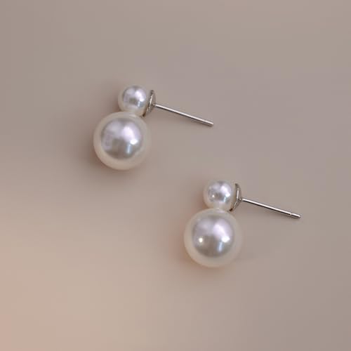 Bi&Yamigeo Mini Double Pearl Drop Stud Earrings,White Round Dangle Jewelry