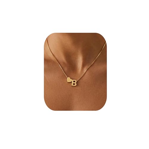 18K Real Gold Plated Heart Initial Necklace for Women-Personalized A-Z Letter Pendant on Durable Stainless Steel Box Chain (16+2.5 inch Adjustable) Hypoallergenic Everyday Jewelry Gift Boxed for Mom Wife - style: Gold:B