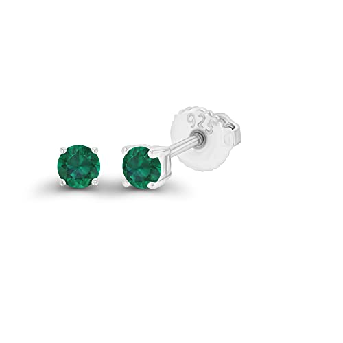 14K Gold Plated 925 Sterling Silver Hypoallergenic 3mm Round Genuine Birthstone Solitaire Screwback Stud Earrings - color: Emerald Created