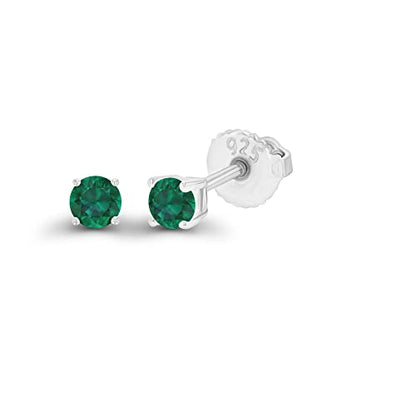 14K Gold Plated 925 Sterling Silver Hypoallergenic 3mm Round Genuine Birthstone Solitaire Screwback Stud Earrings - color: Emerald Created