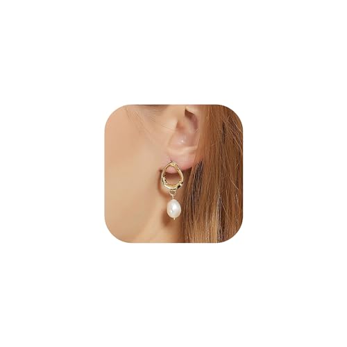 Pearl Earrings for Women 14K Gold Freshwater Pearl Hoop Earring Dangle Drop Wedding Earrings Bridal Bridesmaid Jewelry Gifts for Women - color: Pearl Wavy Hoop Stud Earrings