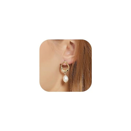 Pearl Earrings for Women 14K Gold Freshwater Pearl Hoop Earring Dangle Drop Wedding Earrings Bridal Bridesmaid Jewelry Gifts for Women - color: Pearl Wavy Hoop Stud Earrings