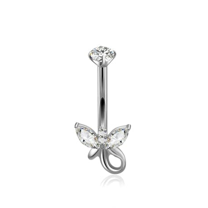 XUU Titanium Belly Button Rings 14G, Implant-Grade Navel Piercing, Luxury CZ Shape with Flower Butterfly, Hypoallergenic Curved Barbell Jewelry for Women, Gold or Silver - style: Butterfly Tail-Silver