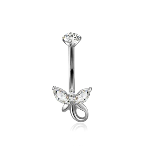 XUU Titanium Belly Button Rings 14G, Implant-Grade Navel Piercing, Luxury CZ Shape with Flower Butterfly, Hypoallergenic Curved Barbell Jewelry for Women, Gold or Silver - style: Butterfly Tail-Silver
