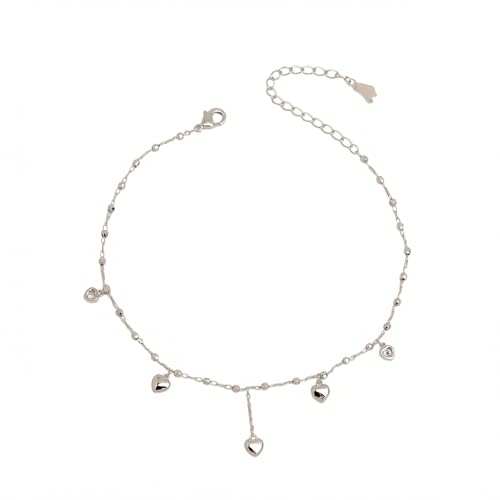 Silver Heart Charm Link Anklet for Women, Adjustable Handmade Cubic Zirconia Stackable Waterproof Summer Beach Chain Anklets Jewelry Accessories Gift - color: Silver Heart Charm