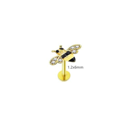 Cute Honeybee Cartilage Labret Monroe Stud Earrings 316L Surgical Stainless Steel Crystal Cubic Zirconia Bee Tragus Conch Helix Studs Lip Nose Rings Fashion Body Piercing Bar 6mm 8mm Length Jewelry Gifts for Women Girls 16G - color: 6mm