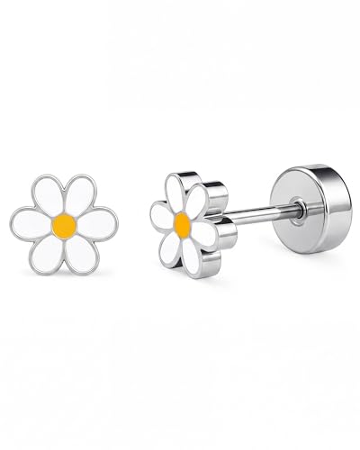 Hypoallergenic Daisy Studs Earrings for Women,18K Gold Plated Surgical Stainless Steel Flat Back Flower Earrings for Sensitive Ears,20G Post Screw Back Cartilage Helix Piercing Jewelry - color: Silver