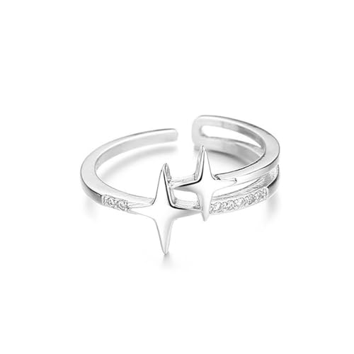 Dainty Twin Star Adjustable Open Wrap Ring for Women Silver Plated Stacking Statement Crystal Celestial Finger Rings Layered Comfort Fit Fashion Birthday Holiday Jewelry Gift