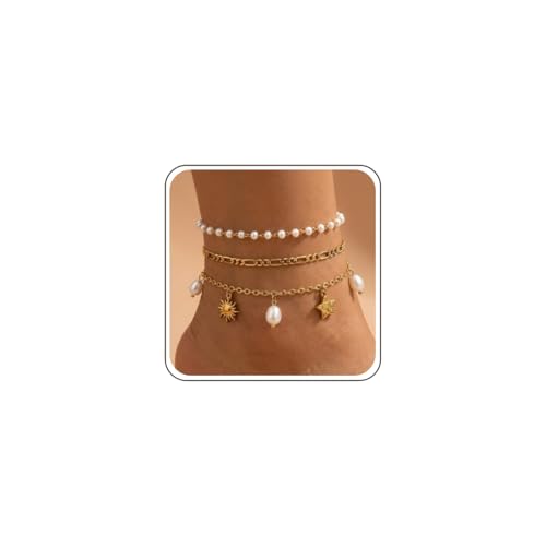 Dainty Gold Shell Pearl Ankle Bracelets for Women, Trendy Anklet Stack Charm Bracelet Adjustable Chain Summer Ocean Beach Accessories Fashion Jewelry Gift - color: Sun Pearl Star