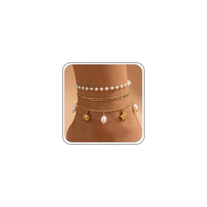 Dainty Gold Shell Pearl Ankle Bracelets for Women, Trendy Anklet Stack Charm Bracelet Adjustable Chain Summer Ocean Beach Accessories Fashion Jewelry Gift - color: Sun Pearl Star