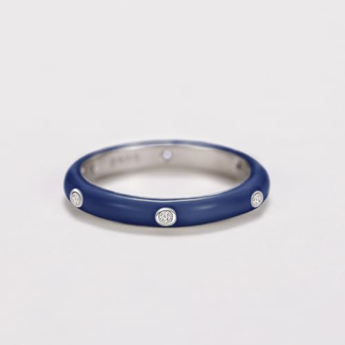 Stackable Enamel Ring 925 Sterling Silver Cubic Zirconia Rainbow Eternity Stacking Band Rings for Women 6（Navy Blue） - color: navy blue, size: 6