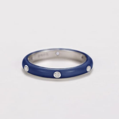 Stackable Enamel Ring 925 Sterling Silver Cubic Zirconia Rainbow Eternity Stacking Band Rings for Women 6（Navy Blue） - color: navy blue, size: 6