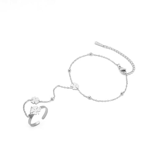UNIFT Hand Chain Bracelets for Women Set Stainless Steel Adjustable Heart or Four-Leaf Clover Ring Chain Bracelet Trendy Dainty Jewelry Set Gifts - color: silver 2