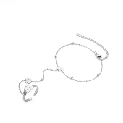 UNIFT Hand Chain Bracelets for Women Set Stainless Steel Adjustable Heart or Four-Leaf Clover Ring Chain Bracelet Trendy Dainty Jewelry Set Gifts - color: silver 2