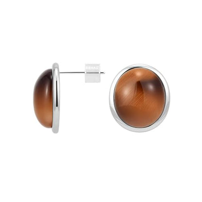 RENAIZ Bold Statement Hoop & Stud Earrings for Women – 14K Gold & Rhodium Plated Maximalist Jewelry, Chunky Geometric Boho Earrings, Hypoallergenic Non-Tarnish Trendy Gift - color: White Gold, style: Tiger Eye