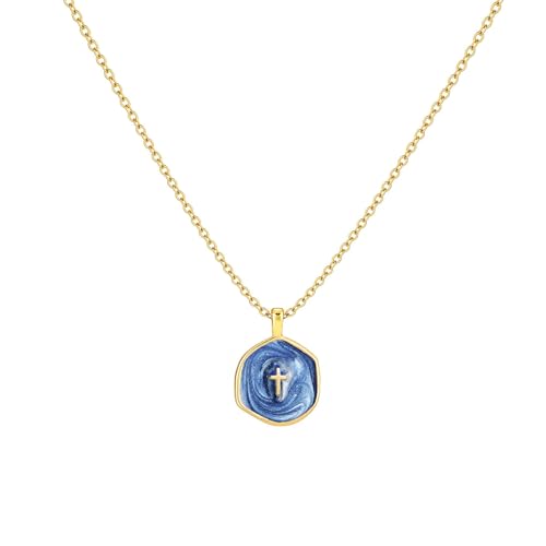 Tewiky Cross Necklace for Women 14k Gold Plated Cross Pendant Necklaces | Cute Necklaces for Women,Jewelry ,Graduation Gift for Her - color: Deep navy blue