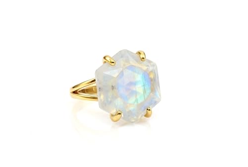Hexagon Cut Rainbow Moonstone Ring – 14k Gold June Birthstone Gemstone Ring for Women – Handmade Geometric Crystal Jewelry with Natural Blue Flash