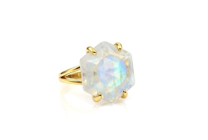 Hexagon Cut Rainbow Moonstone Ring – 14k Gold June Birthstone Gemstone Ring for Women – Handmade Geometric Crystal Jewelry with Natural Blue Flash