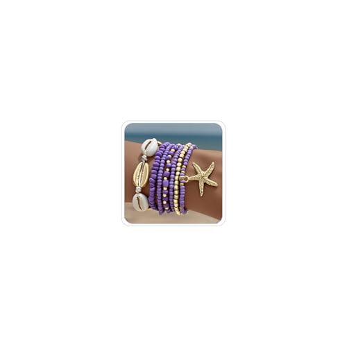 Bohemian Starfish Bracelets for Women - Adjustable Stackable Beach Bracelets, Handmade Stretchy Beaded Summer Jewelry, Perfect for Surf & Waterproof Fun - color: Purple