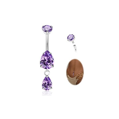 14G G23 Pure Titanium Dangle Belly Button Ring for Women Dangling CZ Navel Ring Teardrop Curved Barbell Belly Rings Internally Threaded Belly Piercing Jewelry - color: Purple