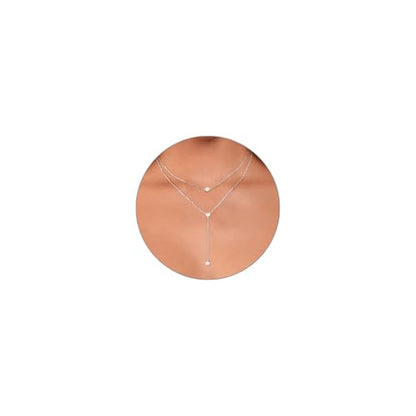 Luxval Lariat Gold Necklace for Women, Dainty Long Necklace 14k Gold Plated/Silver Y-Shaped Pendant Necklaces Trendy Beaded Chain Drop Necklaces Jewelry for Women Gifts - color: Silver-Y Layered CZ Necklace