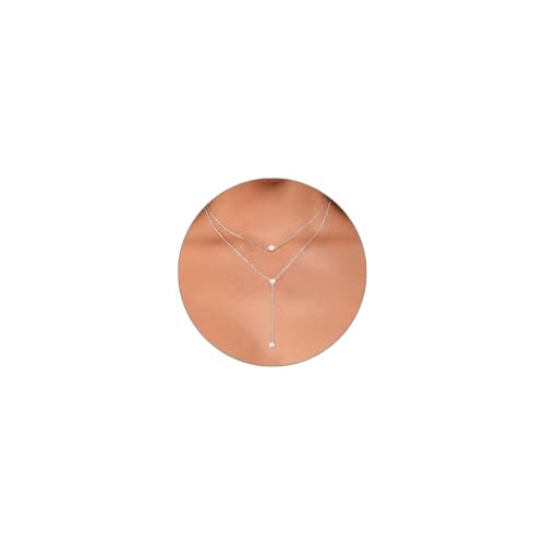 Luxval Lariat Gold Necklace for Women, Dainty Long Necklace 14k Gold Plated/Silver Y-Shaped Pendant Necklaces Trendy Beaded Chain Drop Necklaces Jewelry for Women Gifts - color: Silver-Y Layered CZ Necklace