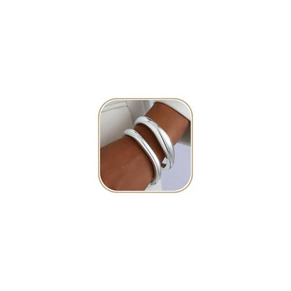 2pcs Gold Bangle Bracelets for Women, Trendy Hinged Cuff Open Wide Chunky Gold Bracelet Stack Arm Cuff Jewelry for Women - color: A-Silver Bangle