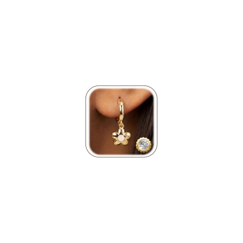 FIBO STEEL 14K Gold Plated Hoop Earrings with Charms for Women Huggie Hoops | Hypoallergenic 925 Sterling Silver Post Dangle Earrings Small Silver Gold Hoops Earring Cubic Zirconia Dangle Drop Jewelry - color: Flower- 14K Gold Plated