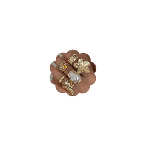 Chunky Gold Gemstone Ring Set for Women Adjustable Stackable Statement Rings Punk Geometric Turquoise Minimalist Jewelry - style: style L