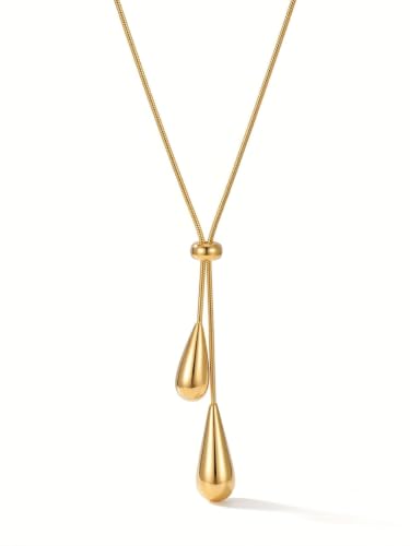 Gold Double Teardrop Lariat Necklace, Drop Style Chain | Adjustable Length, Dual Pendant Drop, Polished Finish, Y-Style Lariat, Women's Jewelry