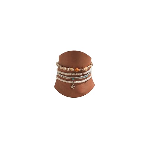 Qceasiy Starfish Ankle Bracelets for Women, Boho Beaded Beach Anklets Set | Gold-plated layered anklets in seashell, disc, and conch styles, with stretch or adjustable fits for summer beach outfits. - color: White 1