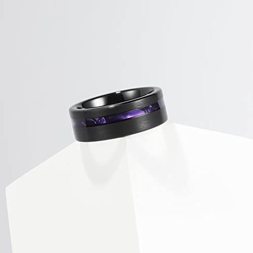 King Will Tungsten Rings for Men with Galaxy Shell Sand Meteorite Inlay | Black, 8mm, Brushed, Pipe Cut, Shell inlay, Everyday Wear - color: purple imitated meteorite
