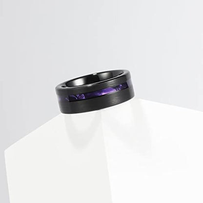 King Will Tungsten Rings for Men with Galaxy Shell Sand Meteorite Inlay | Black, 8mm, Brushed, Pipe Cut, Shell inlay, Everyday Wear - color: purple imitated meteorite