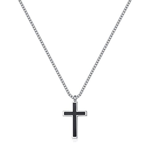 REVEMCN Black Gold Silver Cross Necklace for Boys Stainless Steel Mens Cross Pendant Chain Necklace for Men Women Religious Jewelry Gifts for Boys Girls Chain 16-24 Inches - color: Black - 0.8'' × 0.5'' cross pendant, size: 20 inches