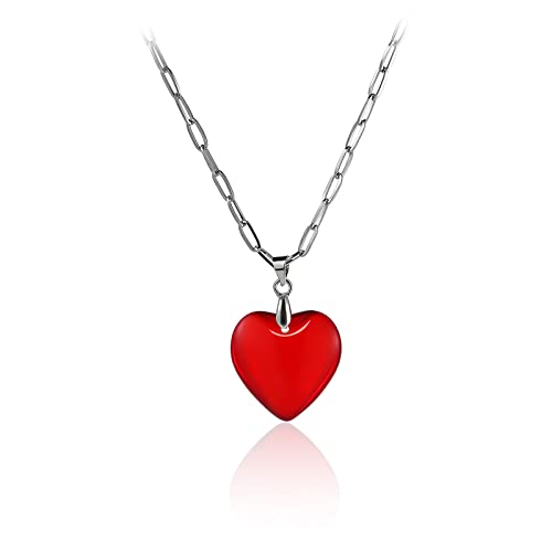 Yocoyee Dainty Colorful Glass Heart Shape Pendant Necklace Stainless Steel Link Rope Chian Love Heart Charms Pendant Necklace Y2K Trendy Jewelry Accessories for Women Jewelry - color: Red