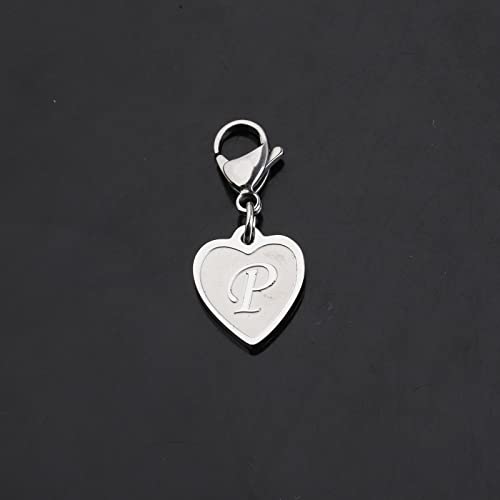 FAADBUK Initial Letter A-Z Alphabet Heart Charms for Jewelry Bracelet Keychain Necklace Initial Stainless steel Clasp Clip on Charm - color: intial P